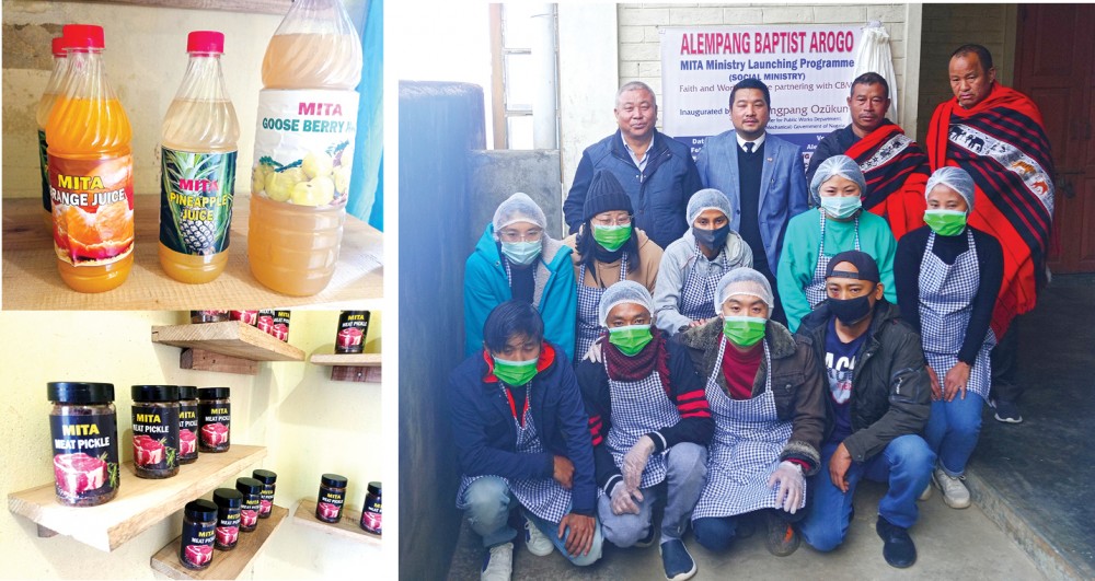 (Left) Some of the processed food items produced under the food processing project of  the MITA Ministry. (Right) Beneficiaries of the MITA Ministry of Alempang Baptist Church with their pastor Rev Temsu S and Nagaland minister for PWD (Housing), Tongpang Ozukum on February 5. ( Morung Photo)